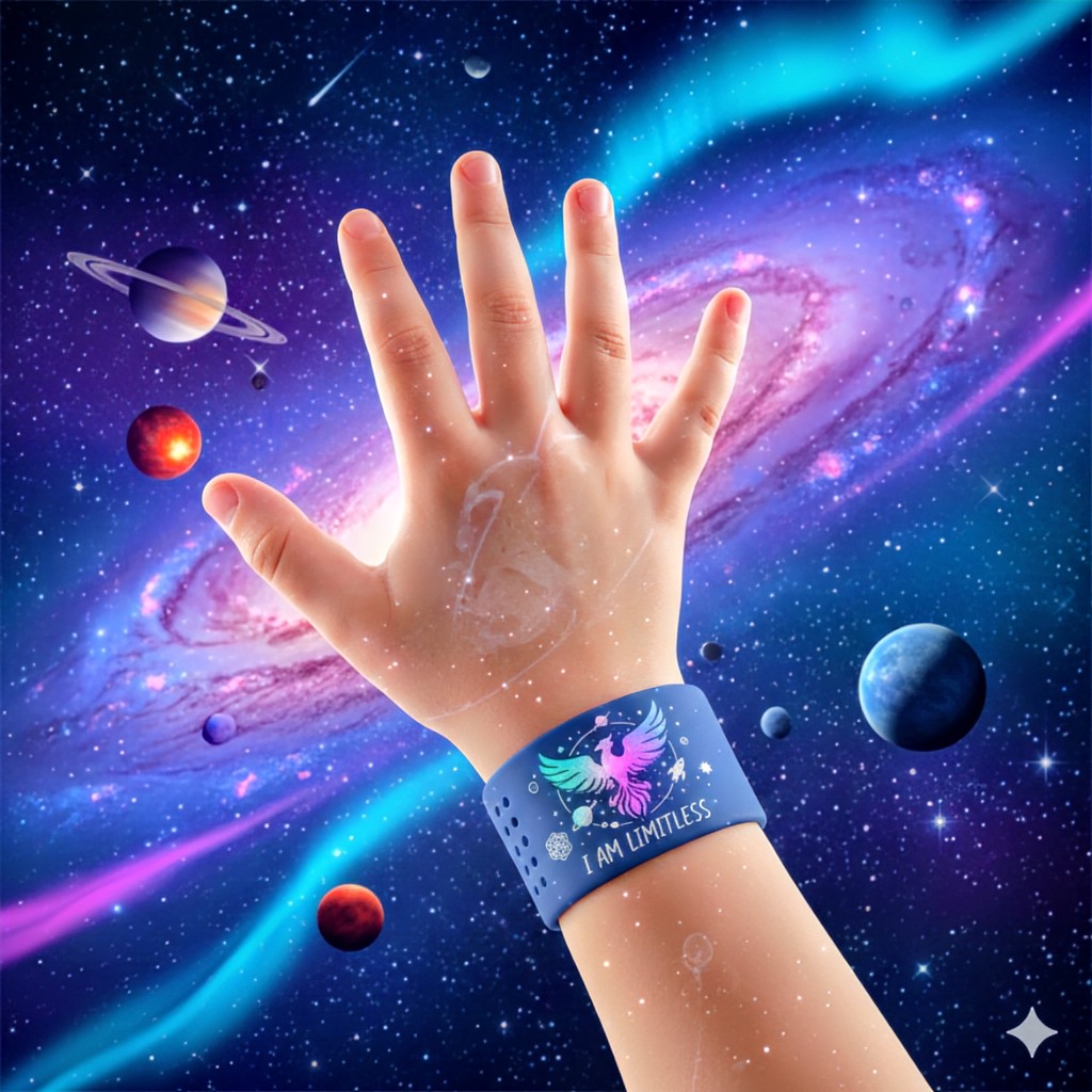 Child's open hand wearing blue LUMEN Litl's I AM LIMITLESS band with cosmic space, galaxies and planets background