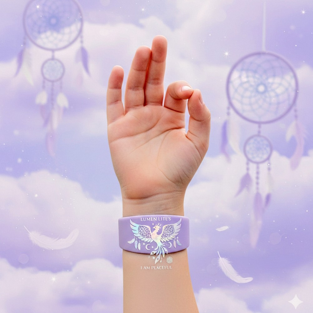 Child's open hand wearing lavender LUMEN Litl's I AM PEACEFUL band with dreamcatcher and stars background