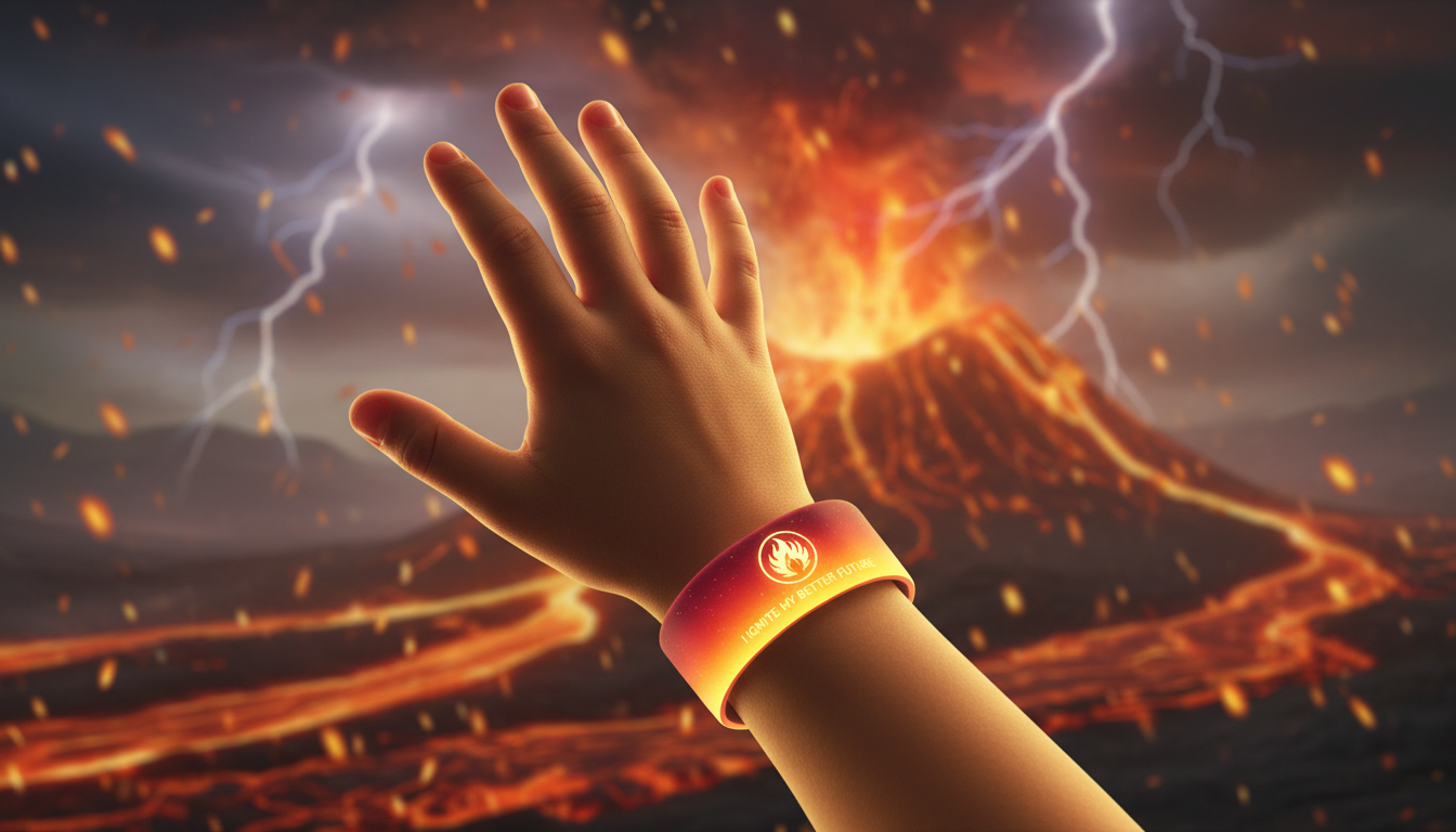 Child wearing Fire Starter band with dramatic fiery background