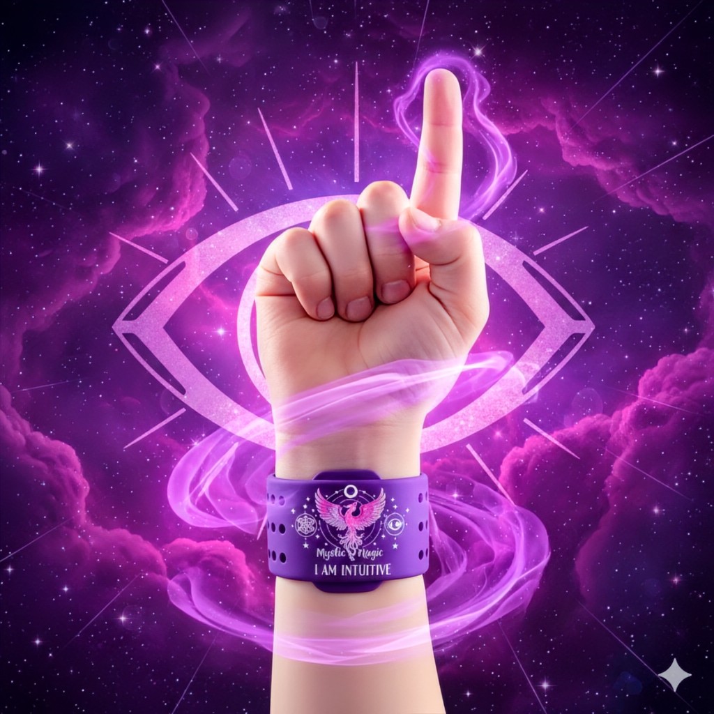 Child's hand pointing upward wearing purple LUMEN Litl's I AM INTUITIVE band with mystical aurora and sacred geometry background