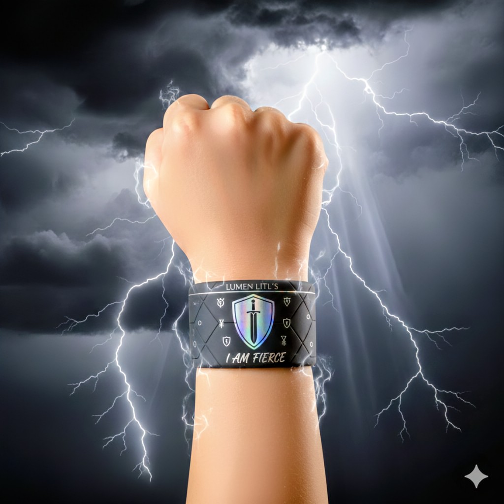 Child's power fist wearing black LUMEN Litl's I AM FIERCE band with lightning, shield and sword sacred geometry background