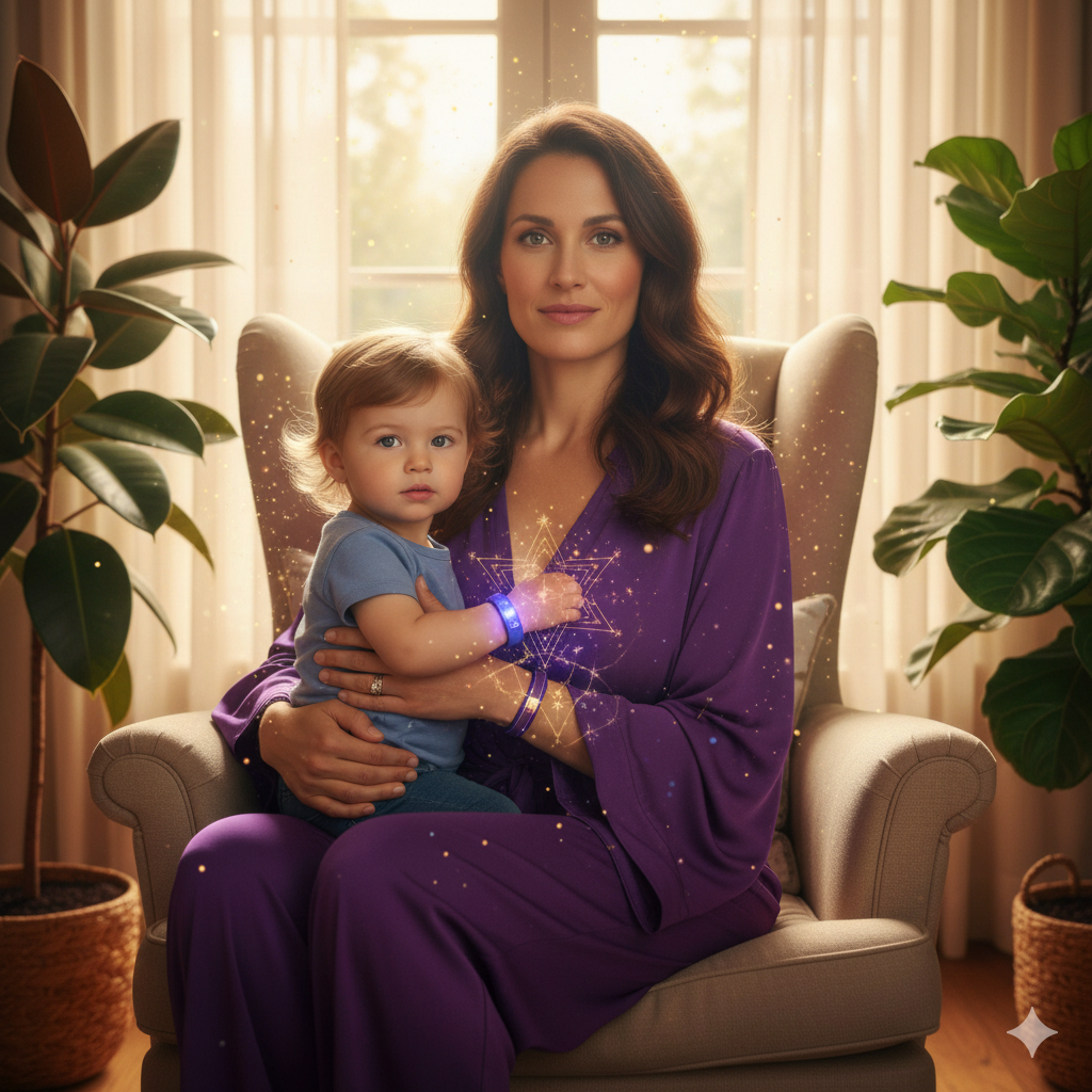 Mother in purple dress holding toddler, both wearing LUMEN bands with sacred geometry energy patterns visible
