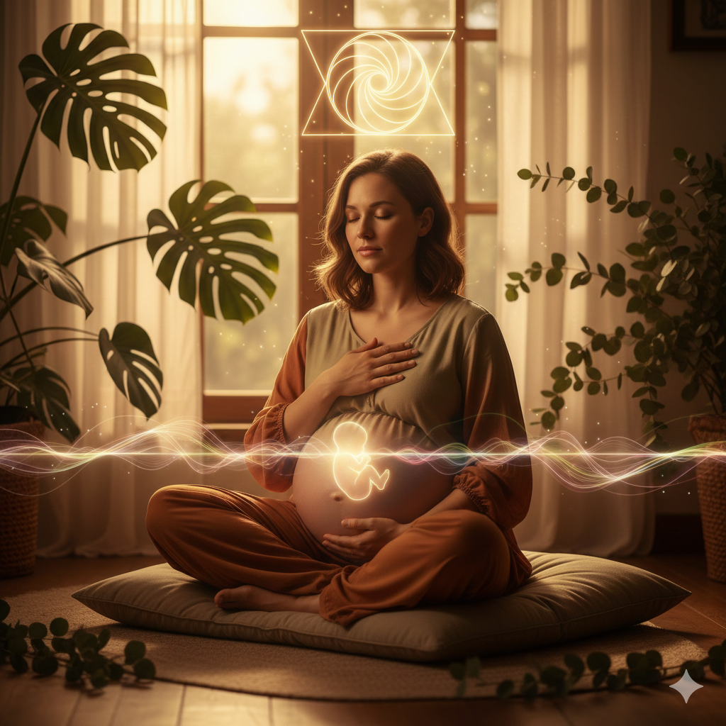 Third trimester woman in meditation with LUMEN Materna PORTAL band, Fibonacci spiral sacred geometry above and glowing fetal energy visualization