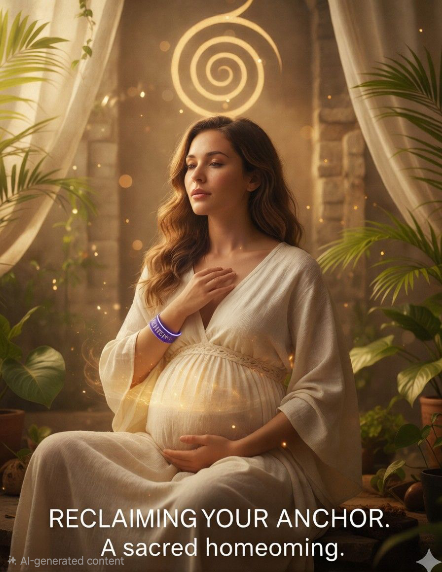 Pregnant woman in meditation wearing LUMEN Materna band with golden spiral sacred geometry - Reclaiming Your Anchor